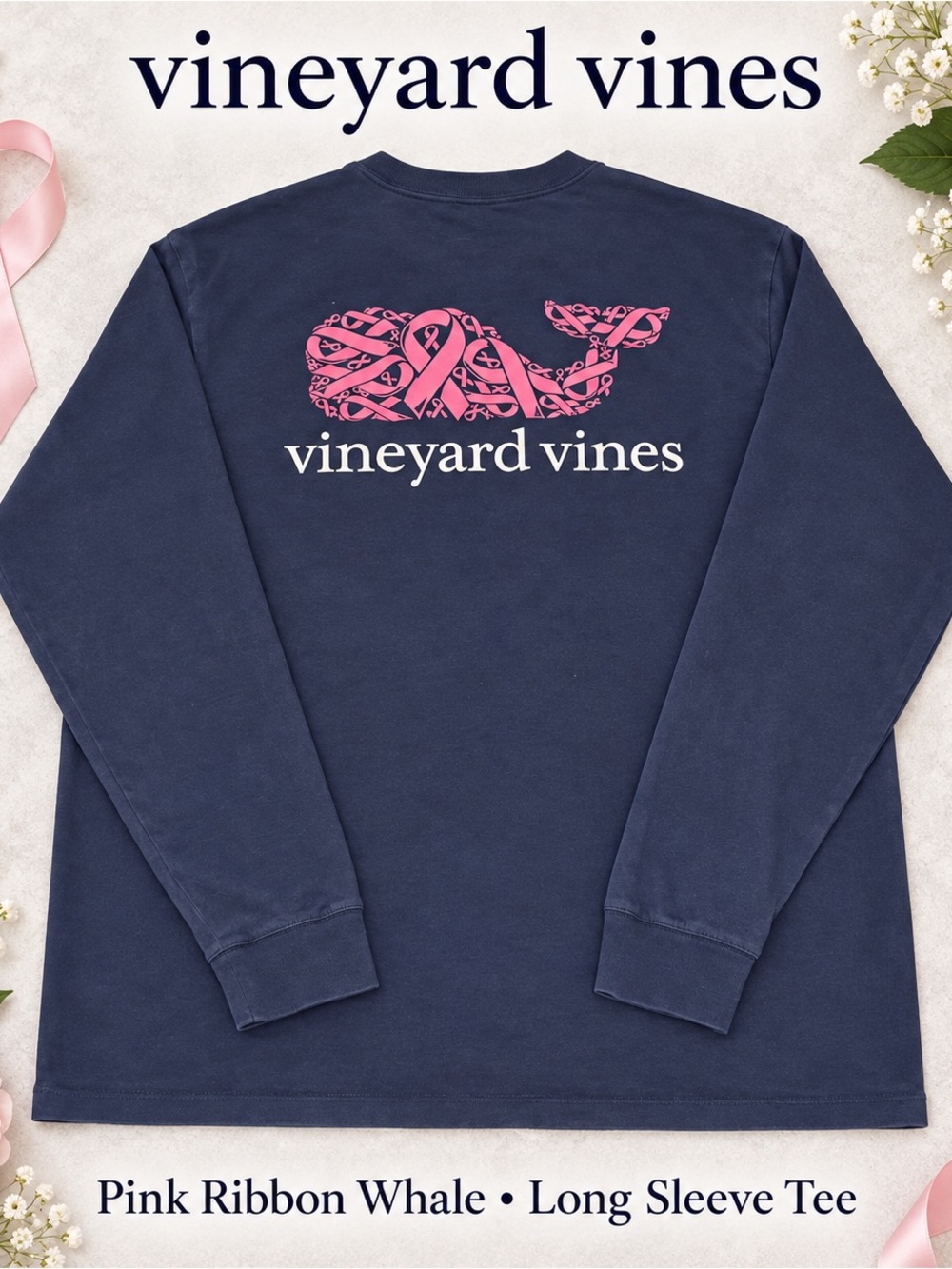 Vineyard Vines L Pink Ribbon Whale Navy Long Sleeve Pocket Tee Preppy Coastal